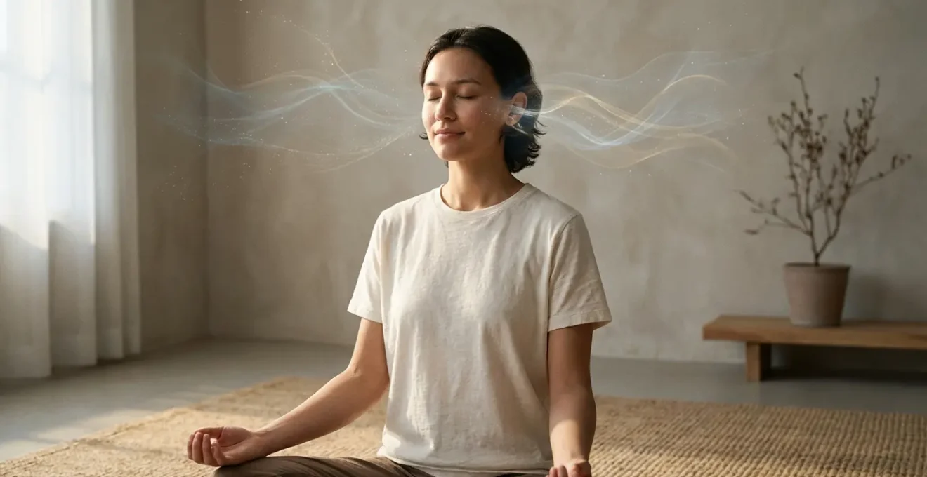 Persona in meditazione profonda con onde sonore sottili che circondano la testa in uno spazio sereno