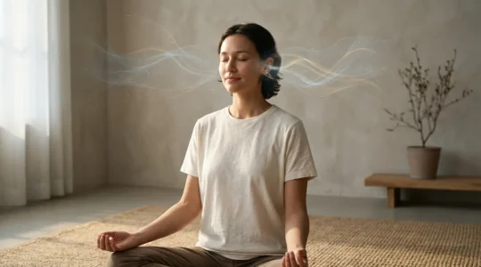 Persona in meditazione profonda con onde sonore sottili che circondano la testa in uno spazio sereno