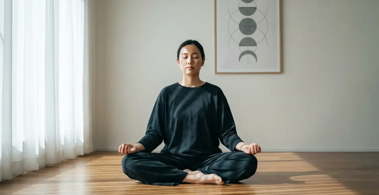 Persona in meditazione con energia fluida intorno durante luna crescente