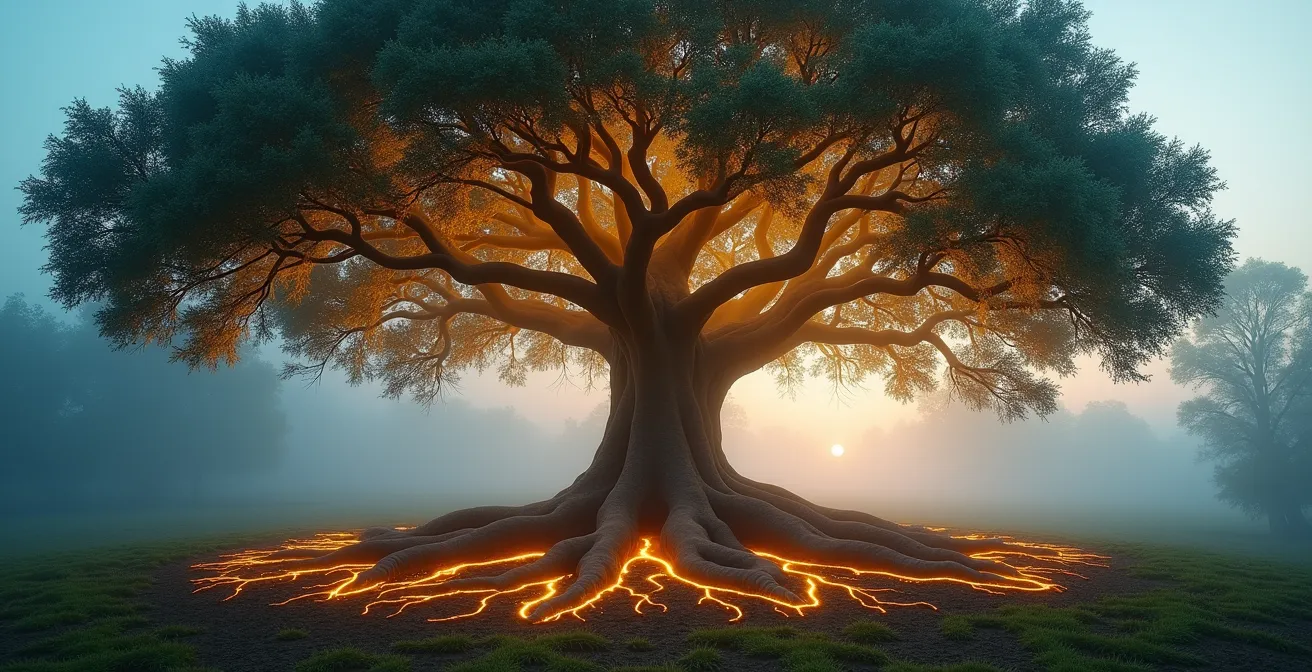 Albero genealogico con radici luminose che rappresenta il karma ancestrale