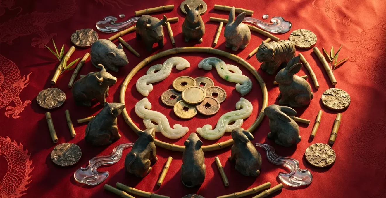 Composizione simbolica con animali dello zodiaco cinese e elementi finanziari in stile orientale
