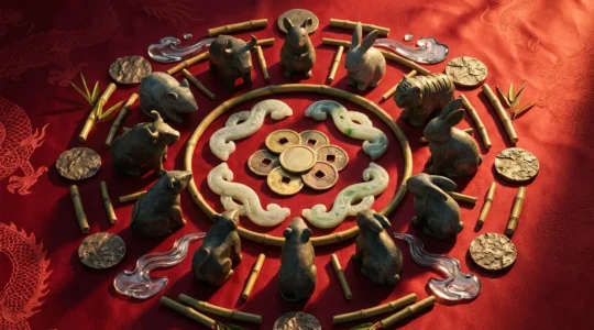 Composizione simbolica con animali dello zodiaco cinese e elementi finanziari in stile orientale