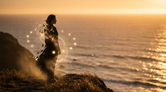 Persona contempla un tramonto simbolico rappresentando la fine di un ciclo numerologico