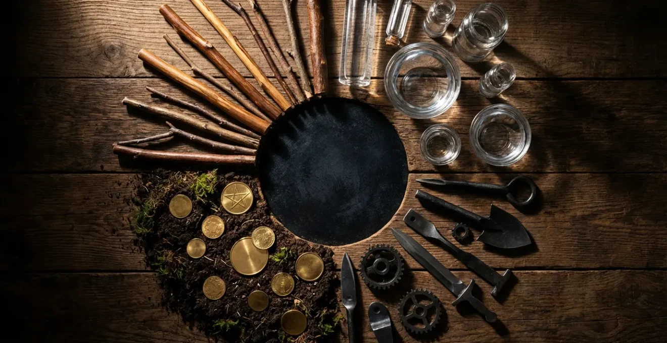 Composizione simbolica dei quattro semi degli arcani minori dei tarocchi con dettagli intricati