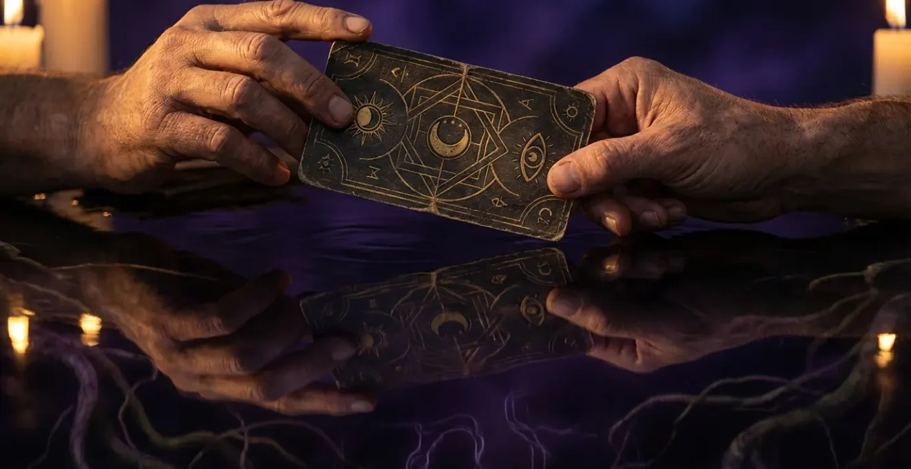 Mani che tengono una carta misteriosa dorata con simboli antichi mentre si riflettono su una superficie d'acqua profonda