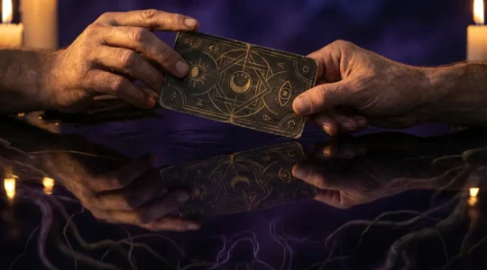 Mani che tengono una carta misteriosa dorata con simboli antichi mentre si riflettono su una superficie d'acqua profonda