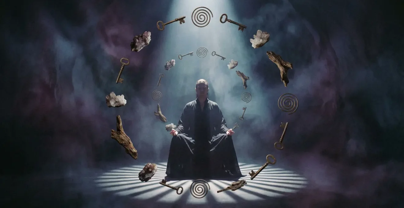 Persona in meditazione circondata da elementi simbolici archetipici in composizione onirica