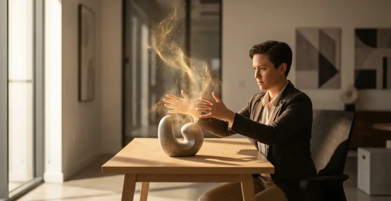 Professionista che lavora con energia cosmica dorata che fluisce verso l'alto