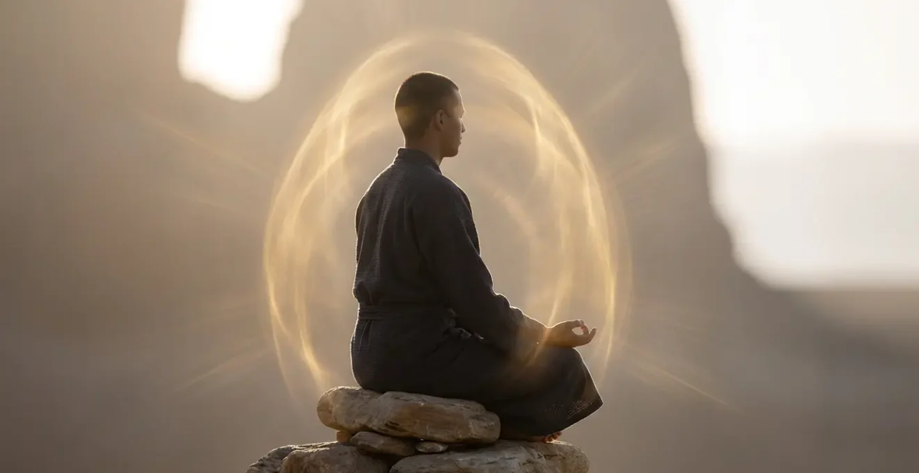 Persona circondata da un'aura luminosa dorata in meditazione profonda