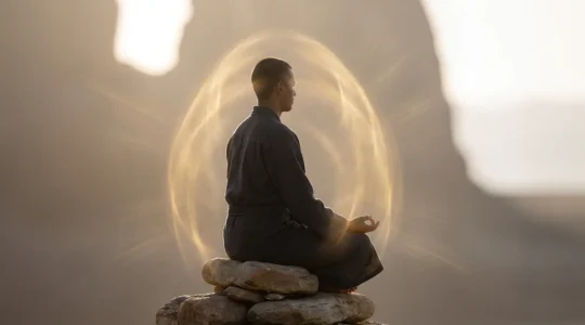 Persona circondata da un'aura luminosa dorata in meditazione profonda