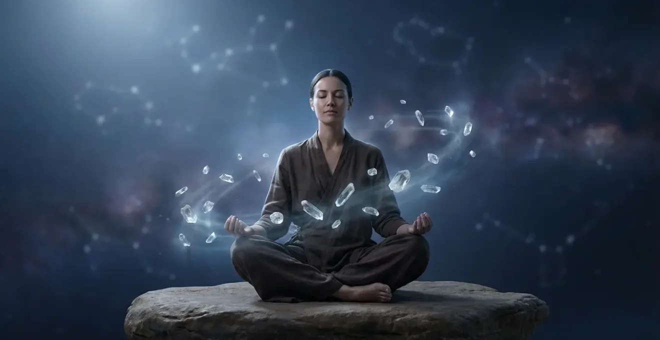 Persona meditante avvolta da energia lunare e simboli zodiacali