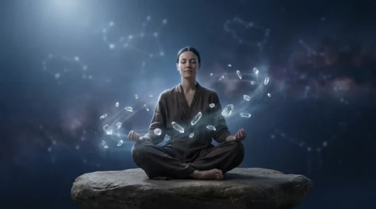 Persona meditante avvolta da energia lunare e simboli zodiacali