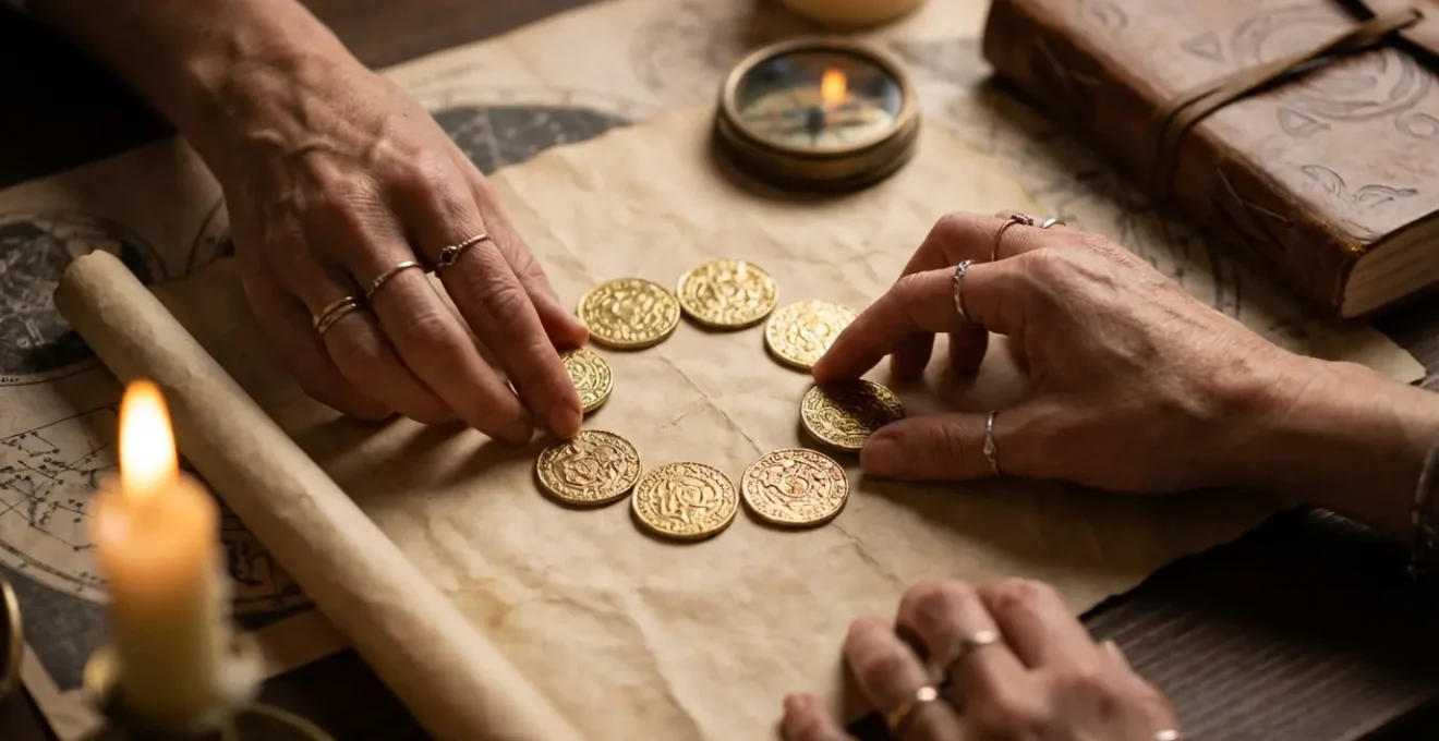 Mani che tengono delicatamente carte dorate con numeri mistici in un'atmosfera sacra