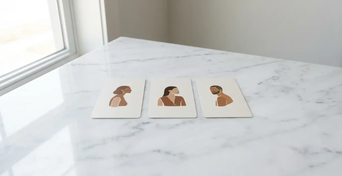 Tre carte dei tarocchi disposte orizzontalmente con figure che creano un dialogo visivo attraverso le direzioni degli sguardi