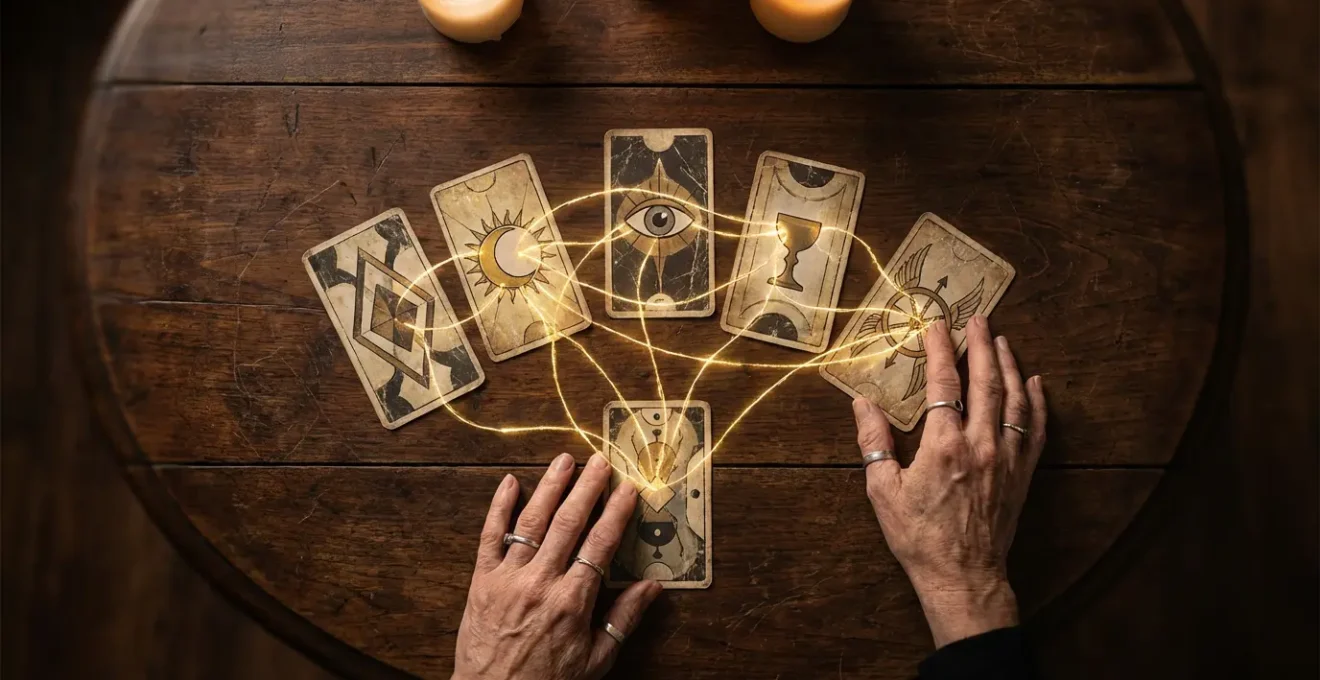Mani che dispongono carte dei tarocchi su un tavolo di legno antico con simboli che si connettono tra loro