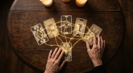 Mani che dispongono carte dei tarocchi su un tavolo di legno antico con simboli che si connettono tra loro