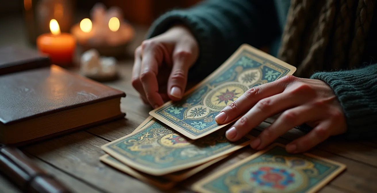 Spazio di studio di un cartomante professionista con libri e strumenti di formazione