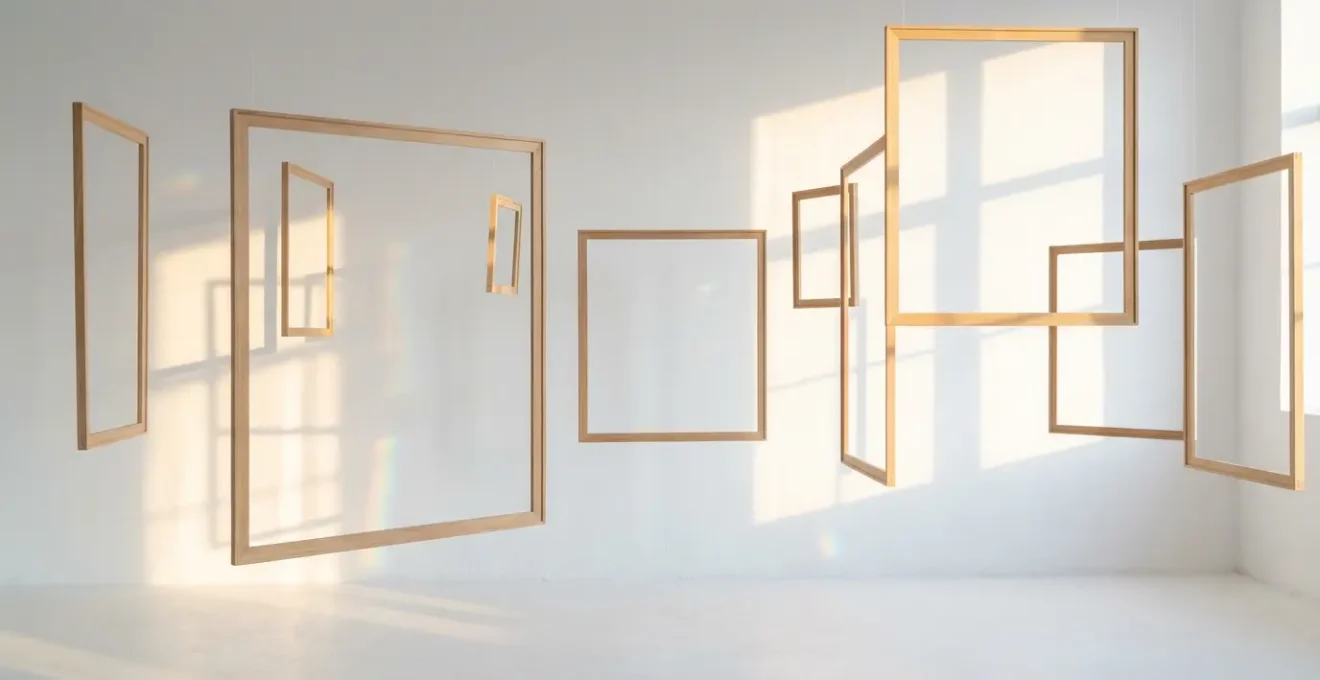 Spazio minimalista con cornici vuote illuminate che simboleggiano il potenziale delle case astrologiche vuote