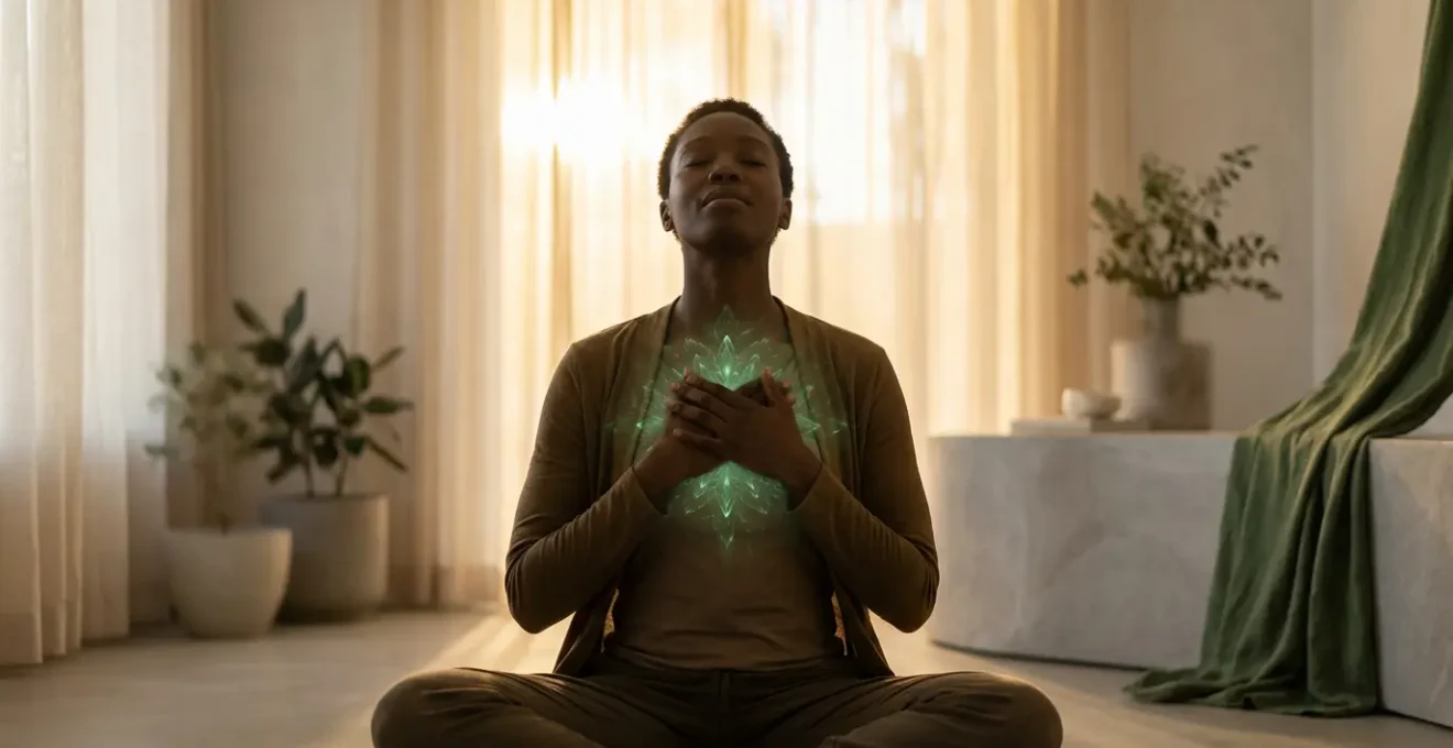 Persona in meditazione con luce verde emanante dal centro del petto
