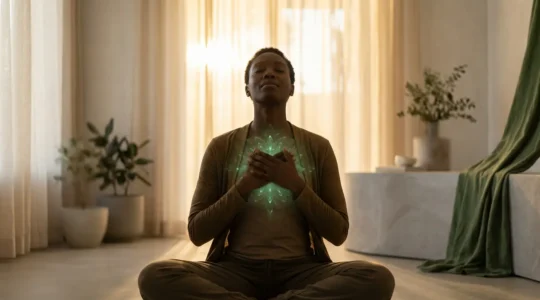 Persona in meditazione con luce verde emanante dal centro del petto