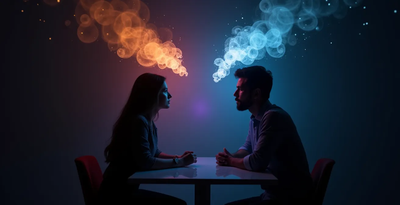 Due persone che comunicano con bolle di pensiero astratte sopra le teste