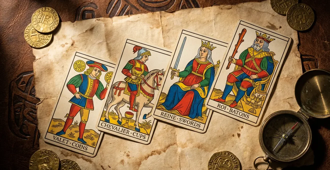 Carte di corte dei Tarocchi di Marsiglia disposte in sequenza mostrando la progressione gerarchica medievale