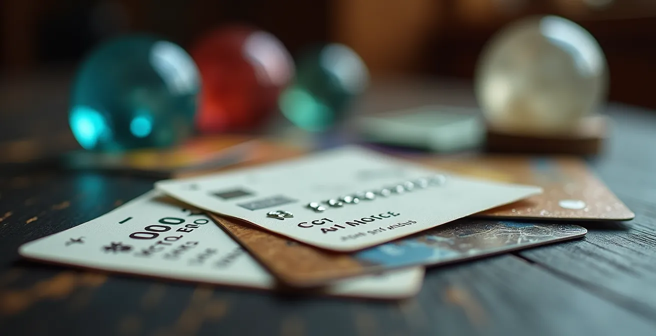 Macro ravvicinata di ricevute e carte di credito su tavolo con cristalli sfocati sullo sfondo