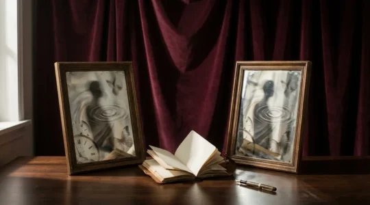 Ritratti di Freud e Jung si riflettono in una superficie acquea con simboli onirici