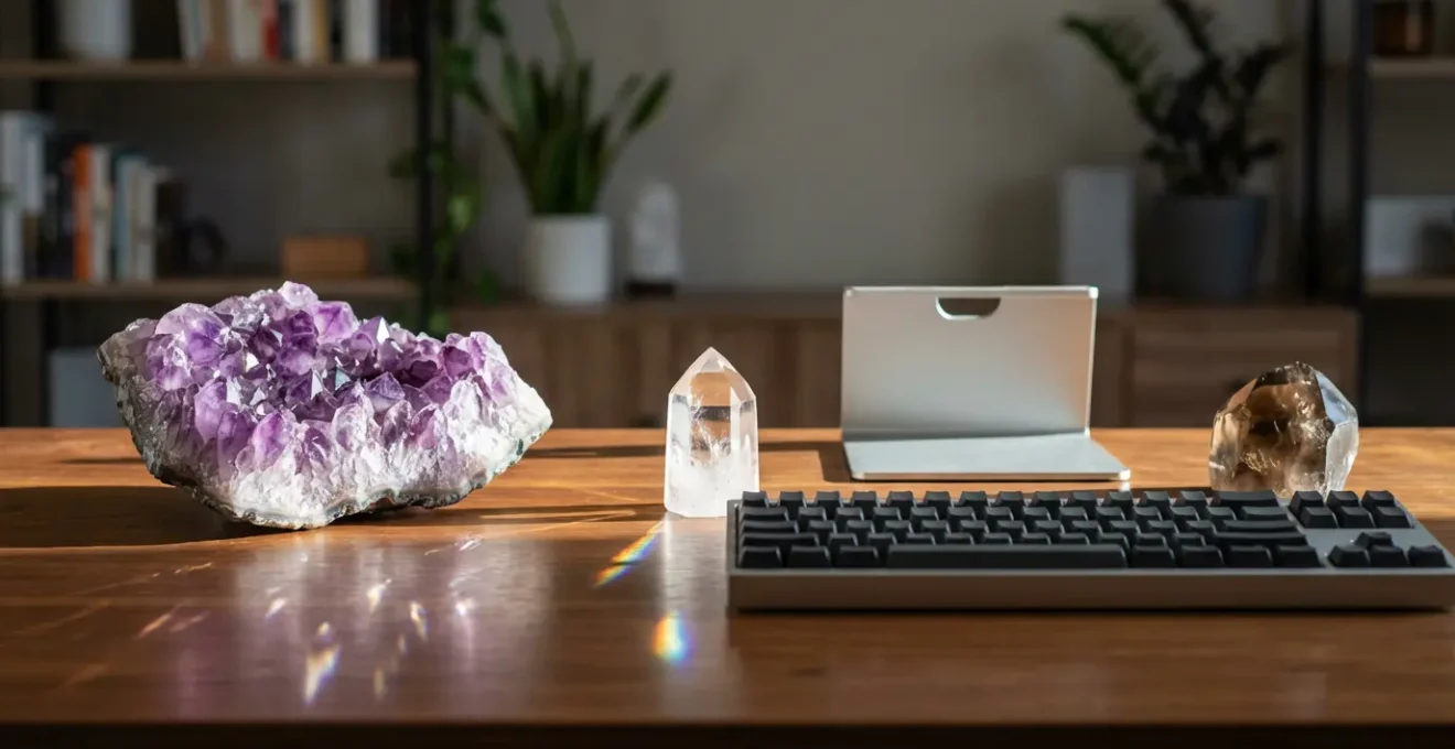 Cristalli di ametista e quarzo disposti su scrivania moderna