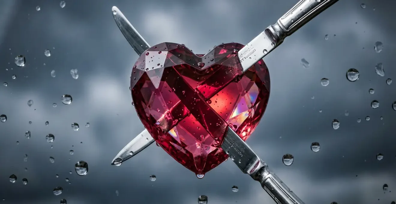 Primo piano di un cuore rosso cristallino attraversato da tre lame d'argento, gocce di pioggia che scendono, atmosfera drammatica