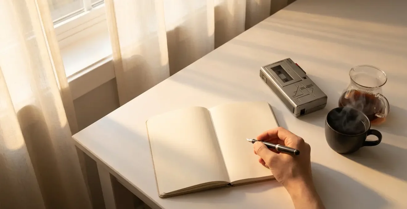 Mano che scrive su un diario accanto a registratore vocale all'alba