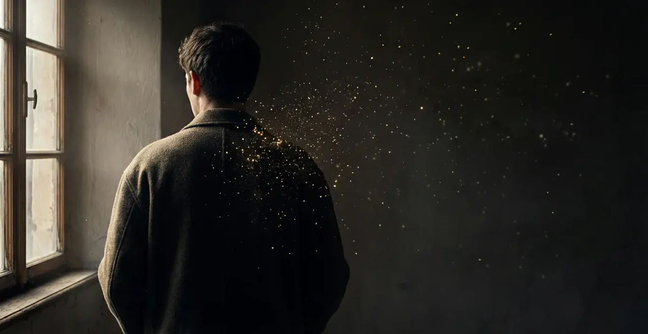 Persona in meditazione con focus sulla spalla circondata da energia luminosa che si dissolve