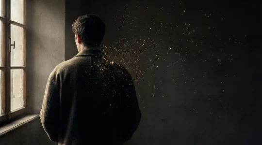 Persona in meditazione con focus sulla spalla circondata da energia luminosa che si dissolve