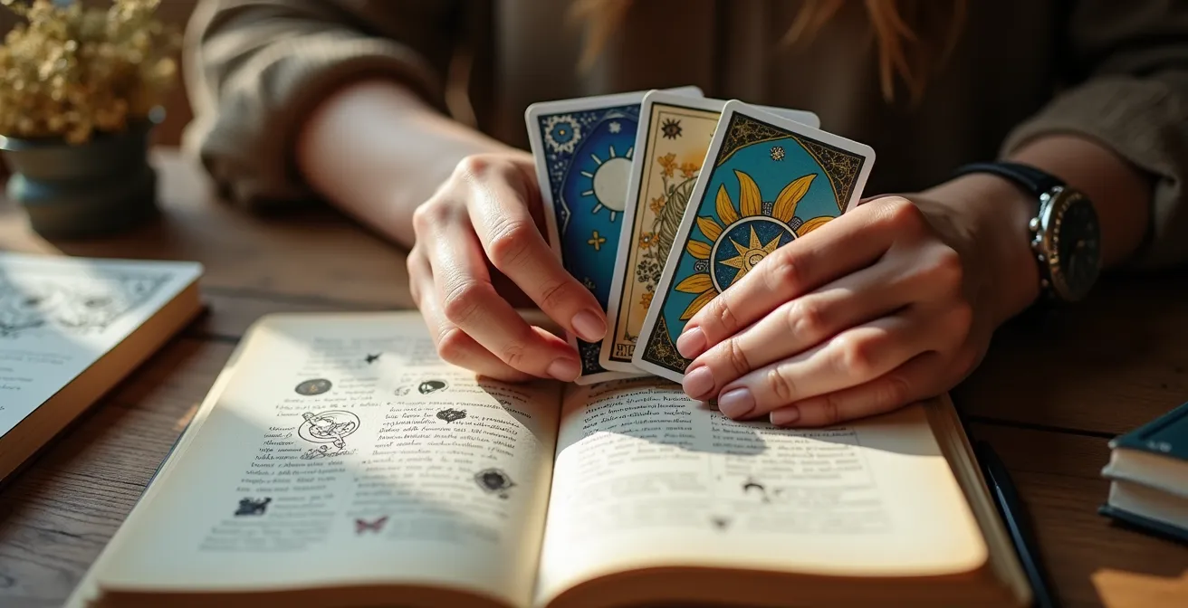 Mani femminili che tengono delicatamente tre carte di tarocchi artistiche sopra un diario aperto con schizzi e simboli