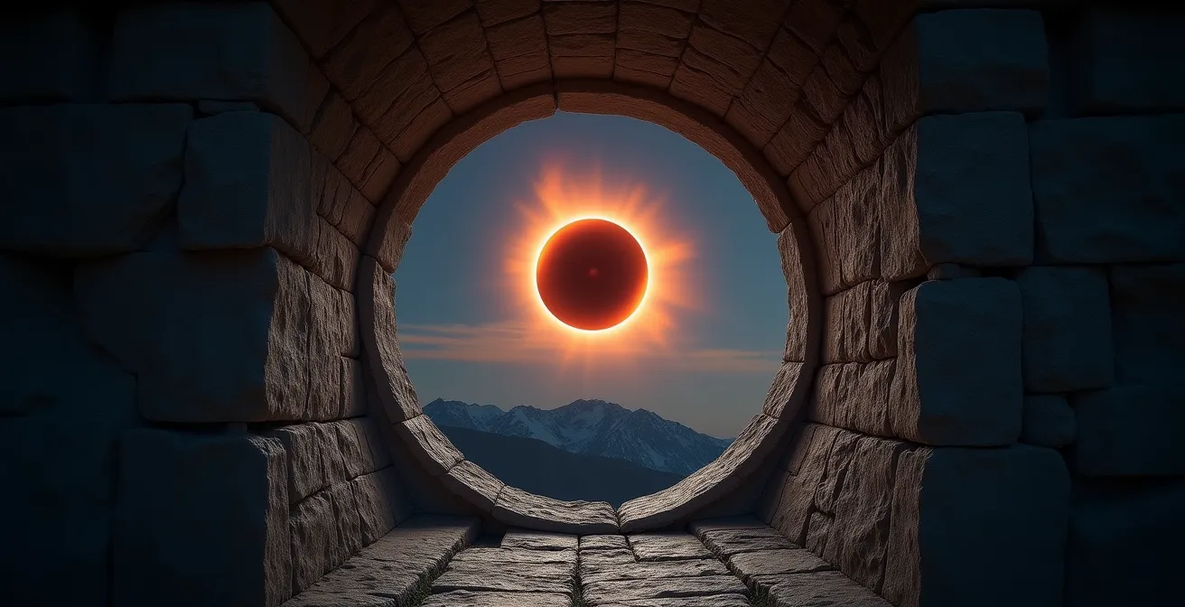 Eclissi lunare con anelli concentrici di energia che si espandono in una spirale cosmica