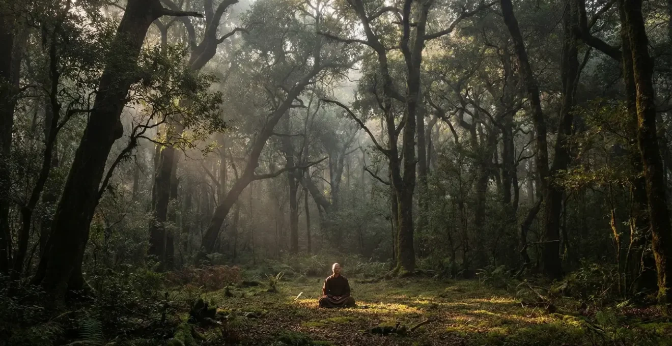 Ambiente sereno con persona seduta in meditazione circondata da natura, luce soffusa che filtra tra gli alberi