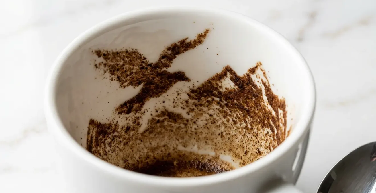 Vista dall'alto di una tazzina di caffè con fondi che creano forme misteriose sulle pareti interne