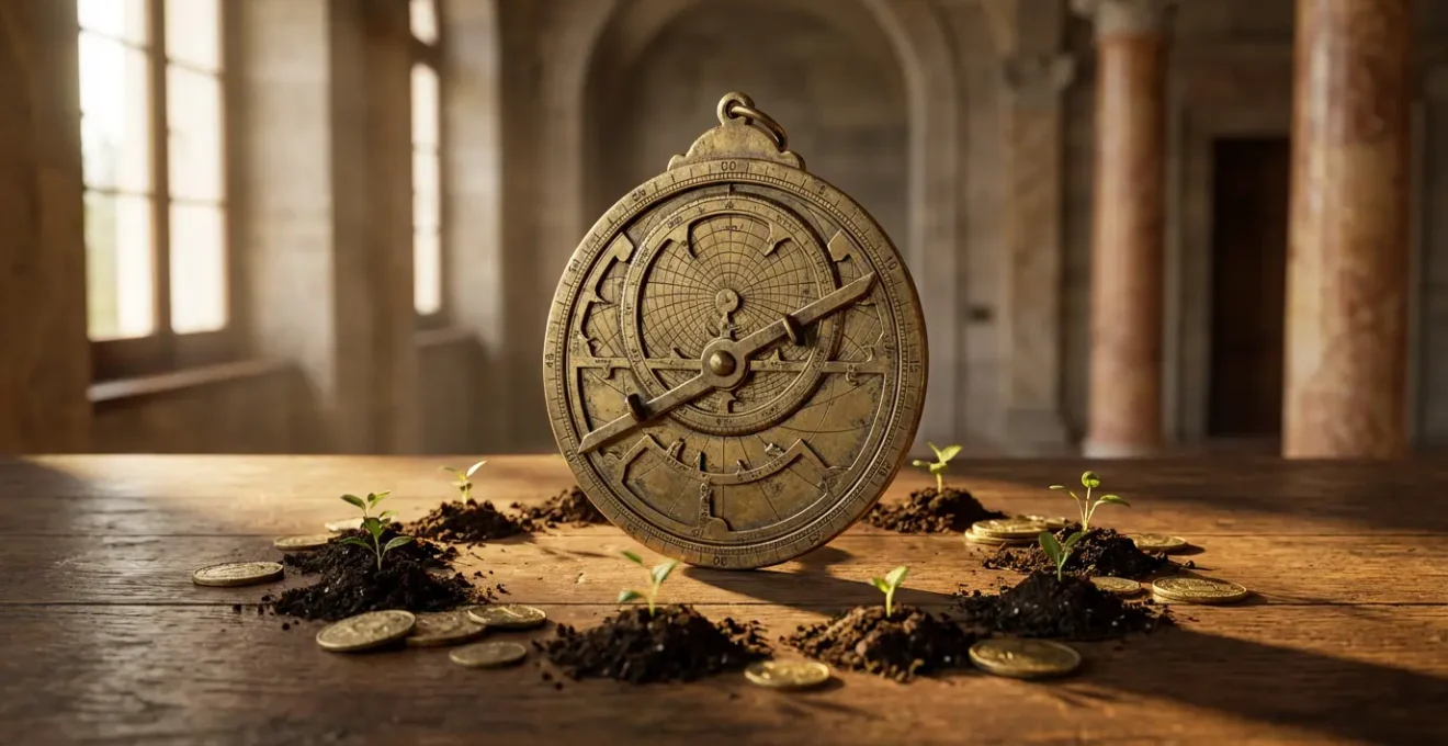 Rappresentazione simbolica della prosperità economica guidata da Giove attraverso elementi naturali e architettonici