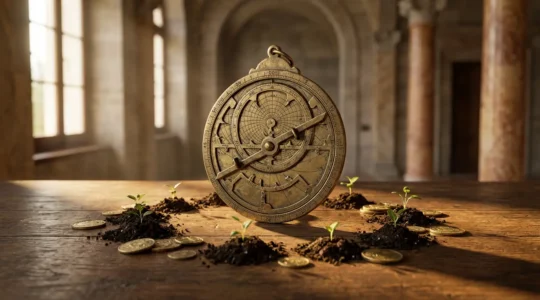 Rappresentazione simbolica della prosperità economica guidata da Giove attraverso elementi naturali e architettonici