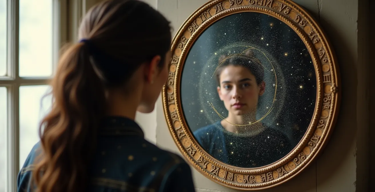 Persona che osserva il proprio riflesso in uno specchio cosmico con simboli zodiacali