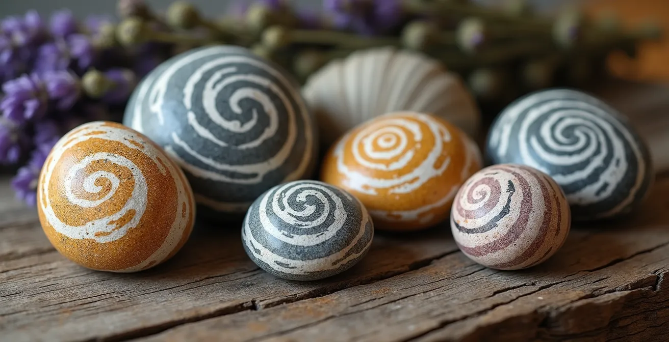 Sassi di fiume dipinti con simboli runici e conchiglie disposti su un tavolo di legno antico