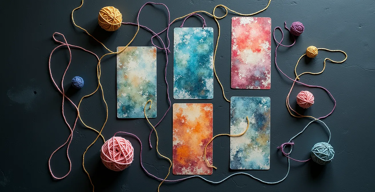 Vista dall'alto di carte oracolo disposte con fili colorati che collegano i simboli, formando una mappa mentale