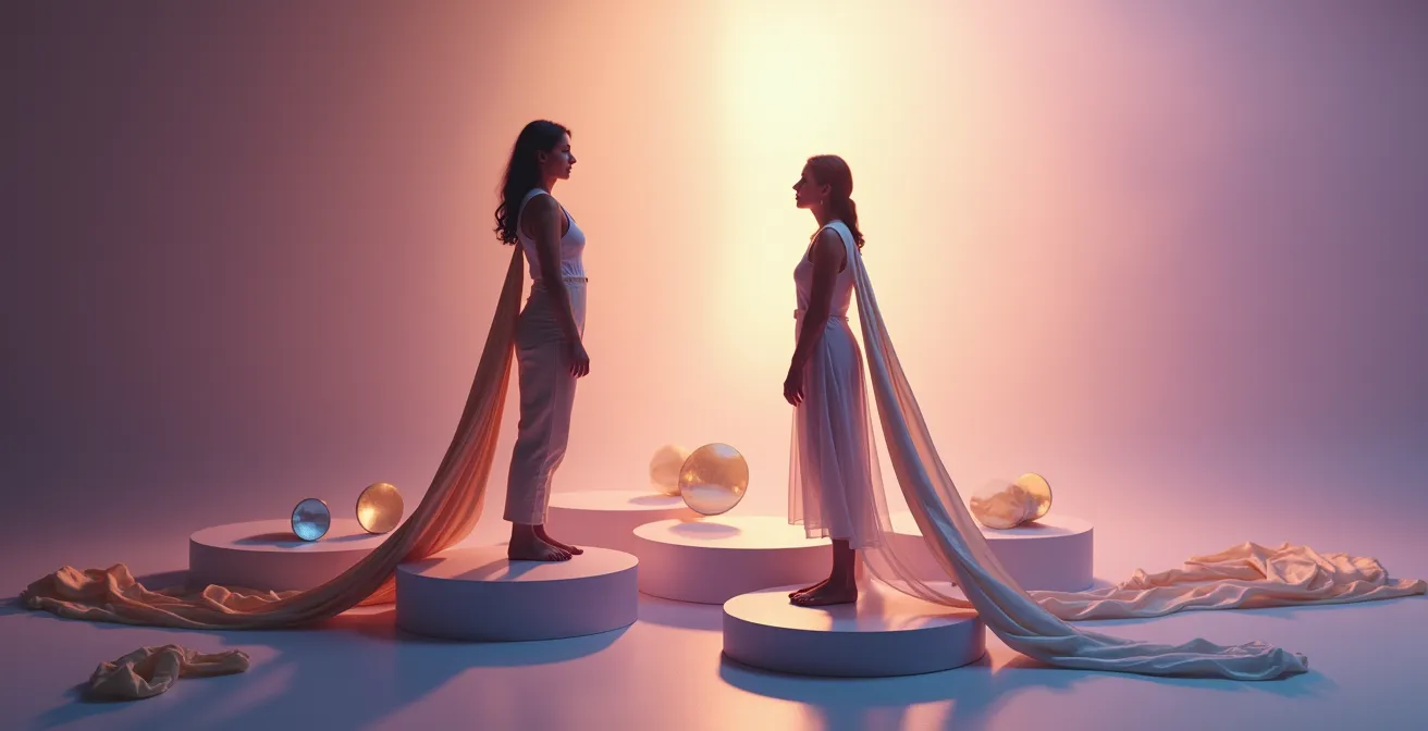 Due figure umane connesse da fili di luce dorati e argento in uno spazio etereo