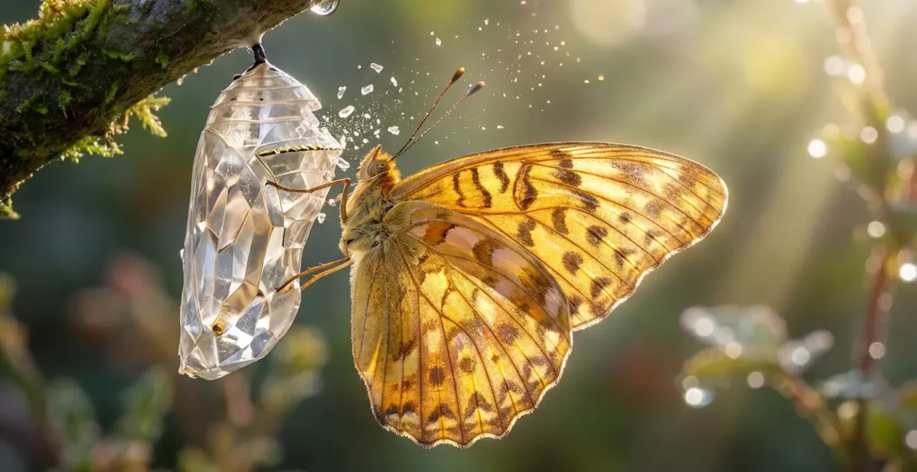 Farfalla dorata che emerge da una crisalide di cristallo con frammenti che si dissolvono in luce