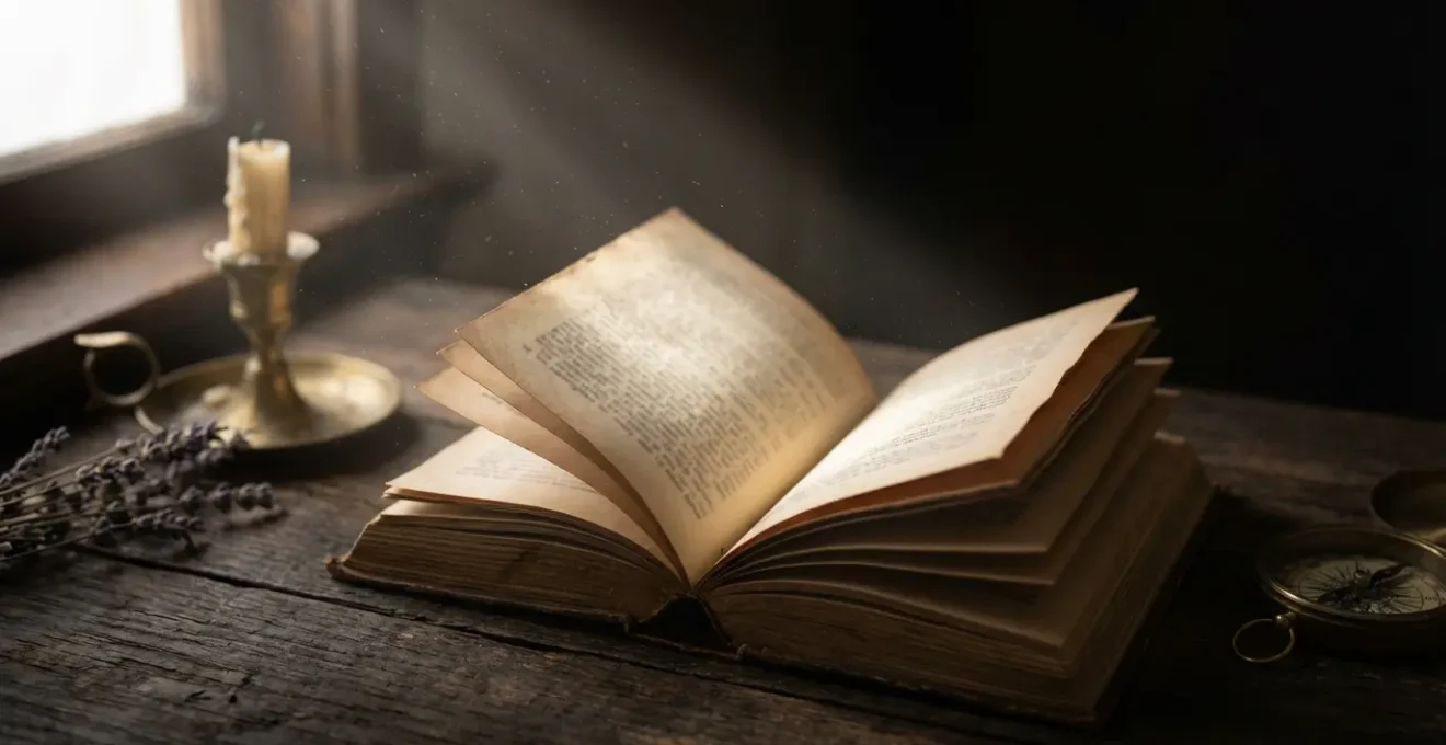 Libro antico aperto su una pagina illuminata da un raggio di luce naturale che crea un'atmosfera mistica