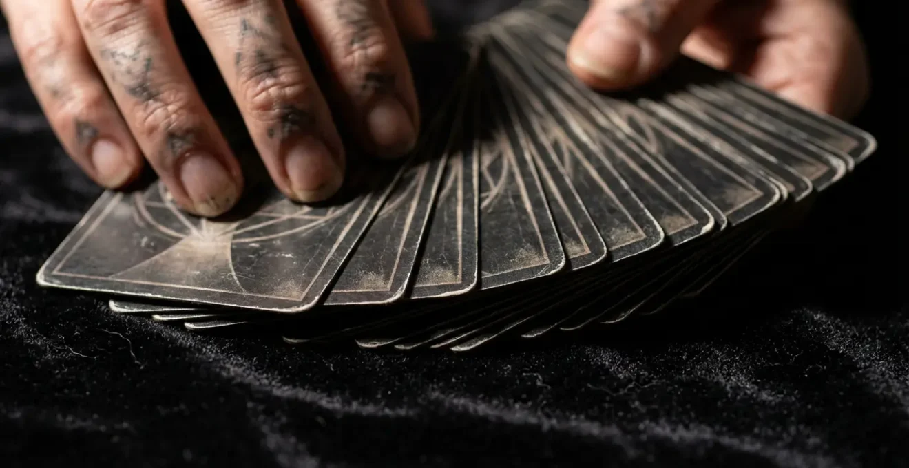 Mani femminili che mescolano carte dei tarocchi con tecnica a ventaglio su superficie di velluto nero