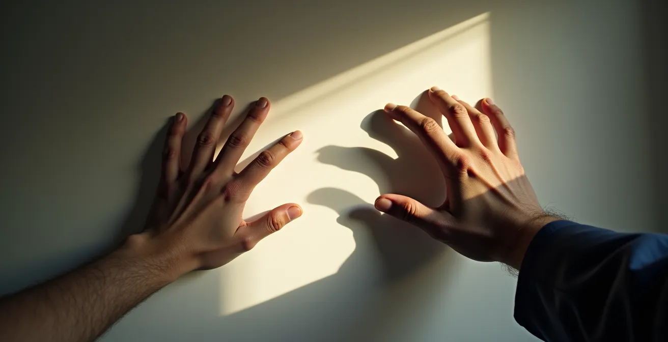 Mani in controluce che creano ombre suggestive su superficie neutra