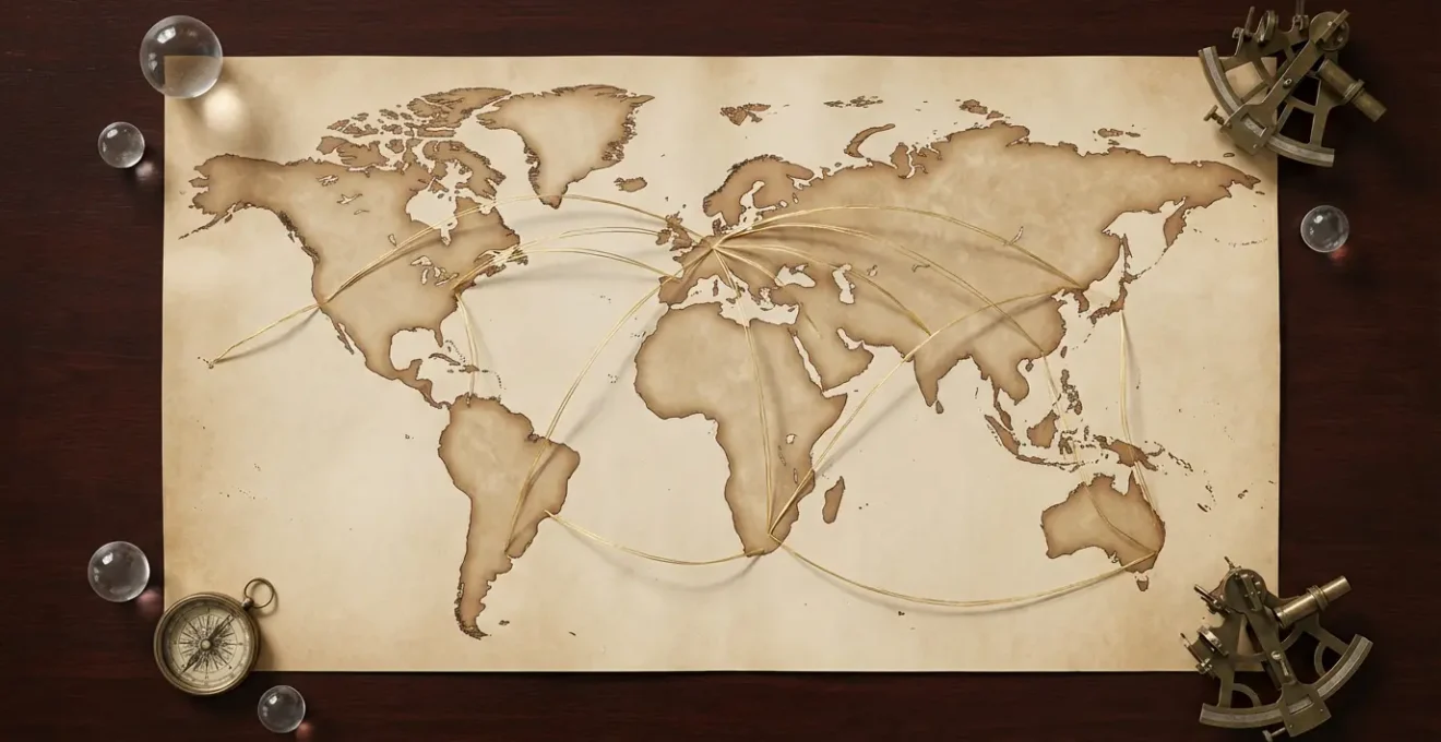 Mappa geografica antica con linee curve dorate che attraversano i continenti rappresentando le influenze planetarie