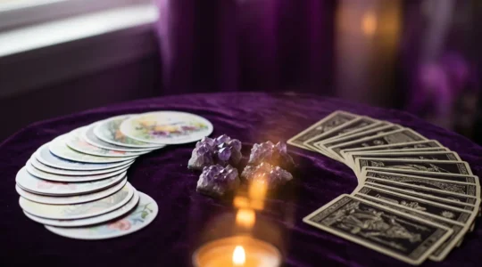 Due mazzi di carte, uno di Oracoli e uno di Tarocchi, disposti armoniosamente su un tessuto di velluto viola con cristalli e candele