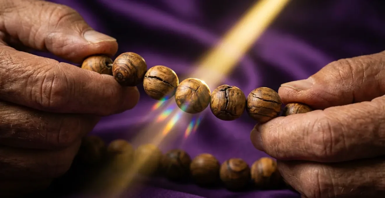 Figura in meditazione sulla cima di una montagna italiana al tramonto, emanante luce dorata dal chakra della corona